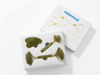 Массажный набор гуаша: 2 роллера (ролика) и скребок для лица из кварца Mizomed Trinity Harmony 3 в 1 зеленый (M31G)