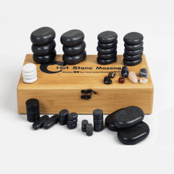 Набор массажных камней для стоун терапии из базальта Mizomed H60TC в коробке из бамбука 60 шт.