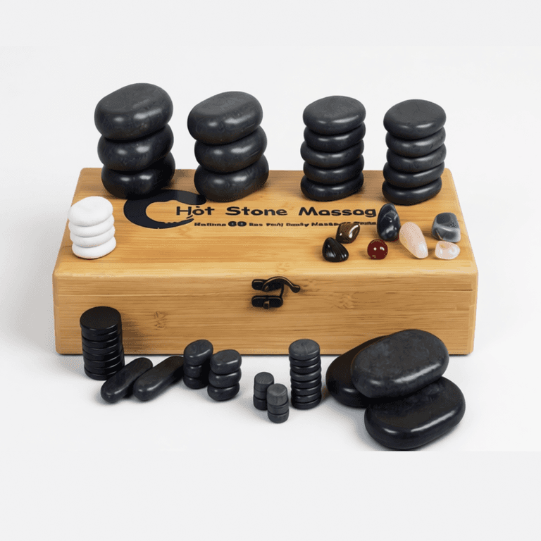 Набор массажных камней для стоун терапии из базальта Mizomed H60TC в коробке из бамбука 60 шт.