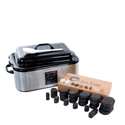 Нагреватель камней для стоун терапии Mizomed HSH18 + Набор массажных камней для стоун терапии из базальта Spastone H60TC в коробке из бамбука (60 шт.)